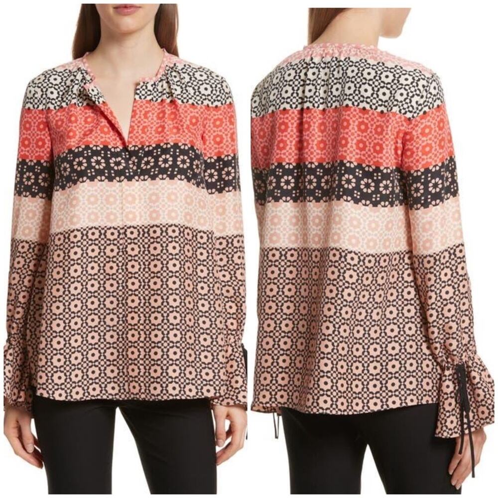 10 Crosby Derek Lam Tie Sleeve Print Silk Blouse in Carnation